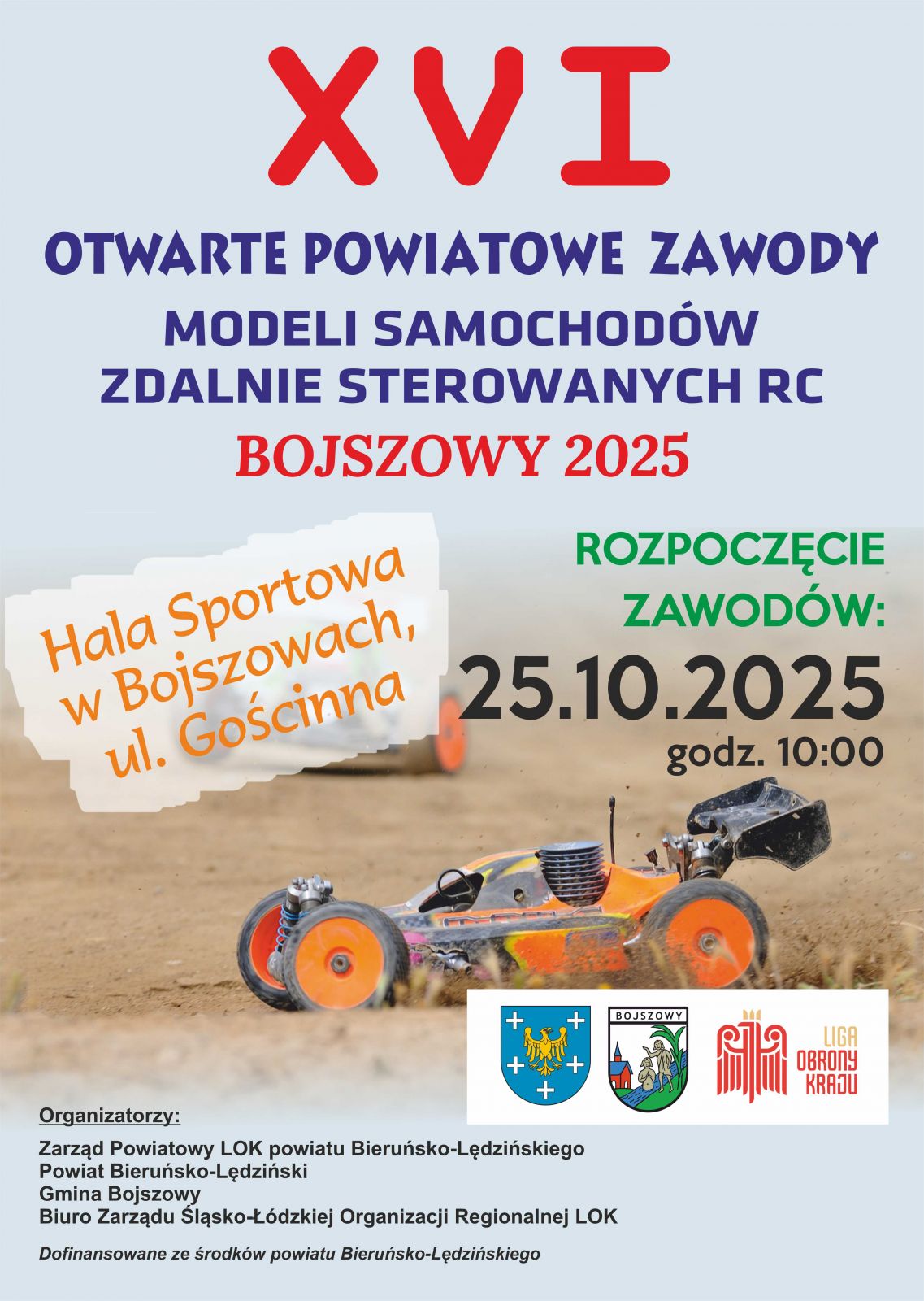 Plakat informacyjny dotyczący XVI Otwartych Powiatowych Zawodów Modeli Samochodów Zdalnie Sterowanych Rc.